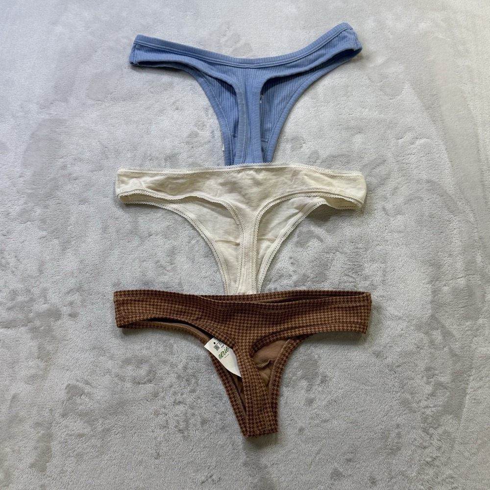 Aerie Lot of 3 Thong Panties Size Small S NWT Blue Ivory Brown Cotton Blend - Picture 9 of 9